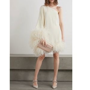 Elegant One Shoulder Cream Dress with Feather Detail